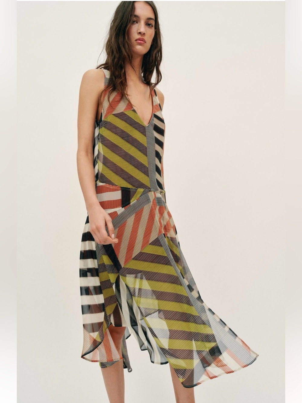 New ZARA Patchwork Sleeveless Geometric Stripe V-Neck Multicolor Midi Dress